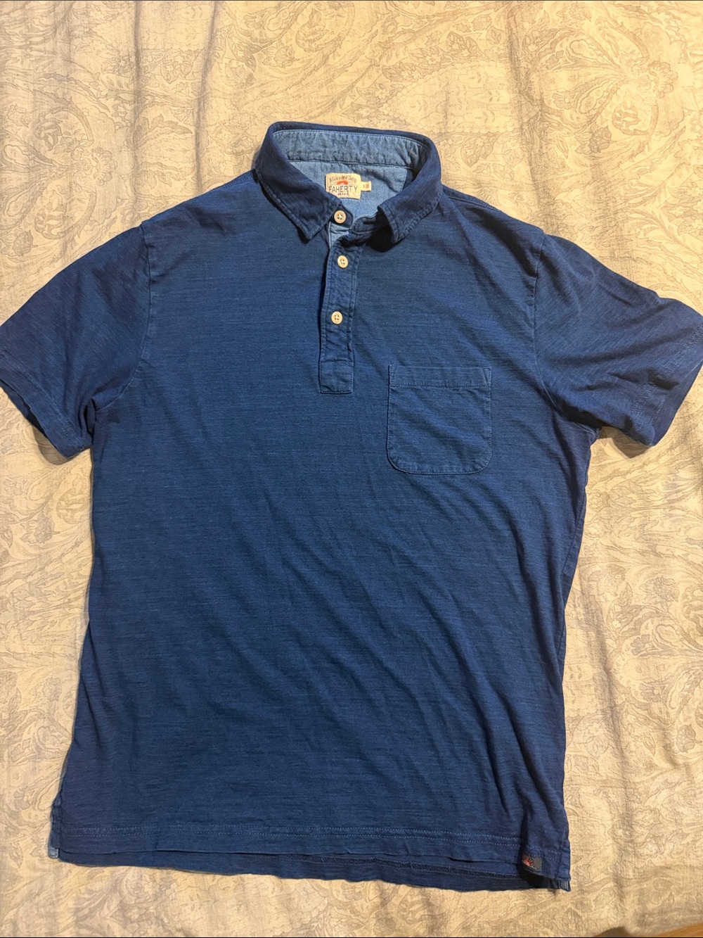 Faherty Indigo Blue Short Sleeve Polo with Chest Pocket